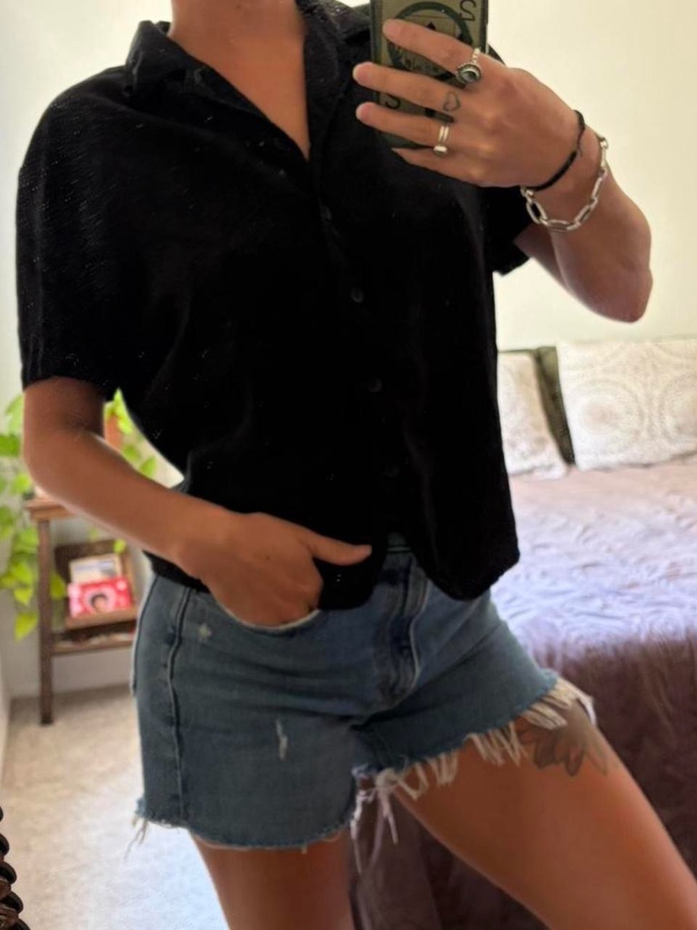 Vintage Black Short-Sleeve silk Button-Up Top